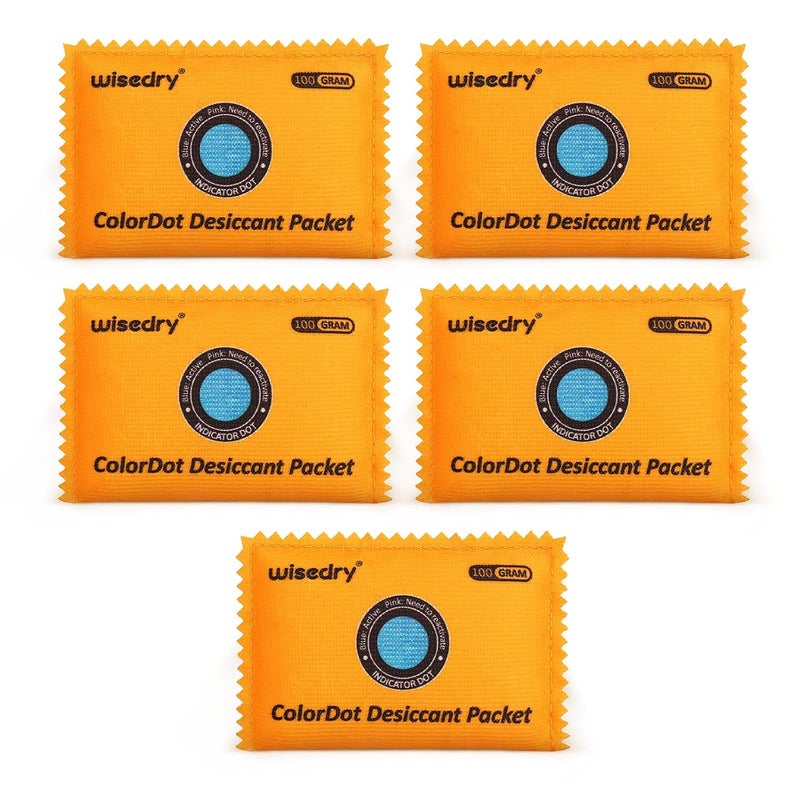 wisedry 100g [5 Packs] Reusable Desiccant Packs for Storage, Rechargeable Color Indicating Silica Gel Desiccant Packets, Moisture Absorbers for Storage Bins, Suitcase, Safe, 3D Filaments, Electronics - Image 1